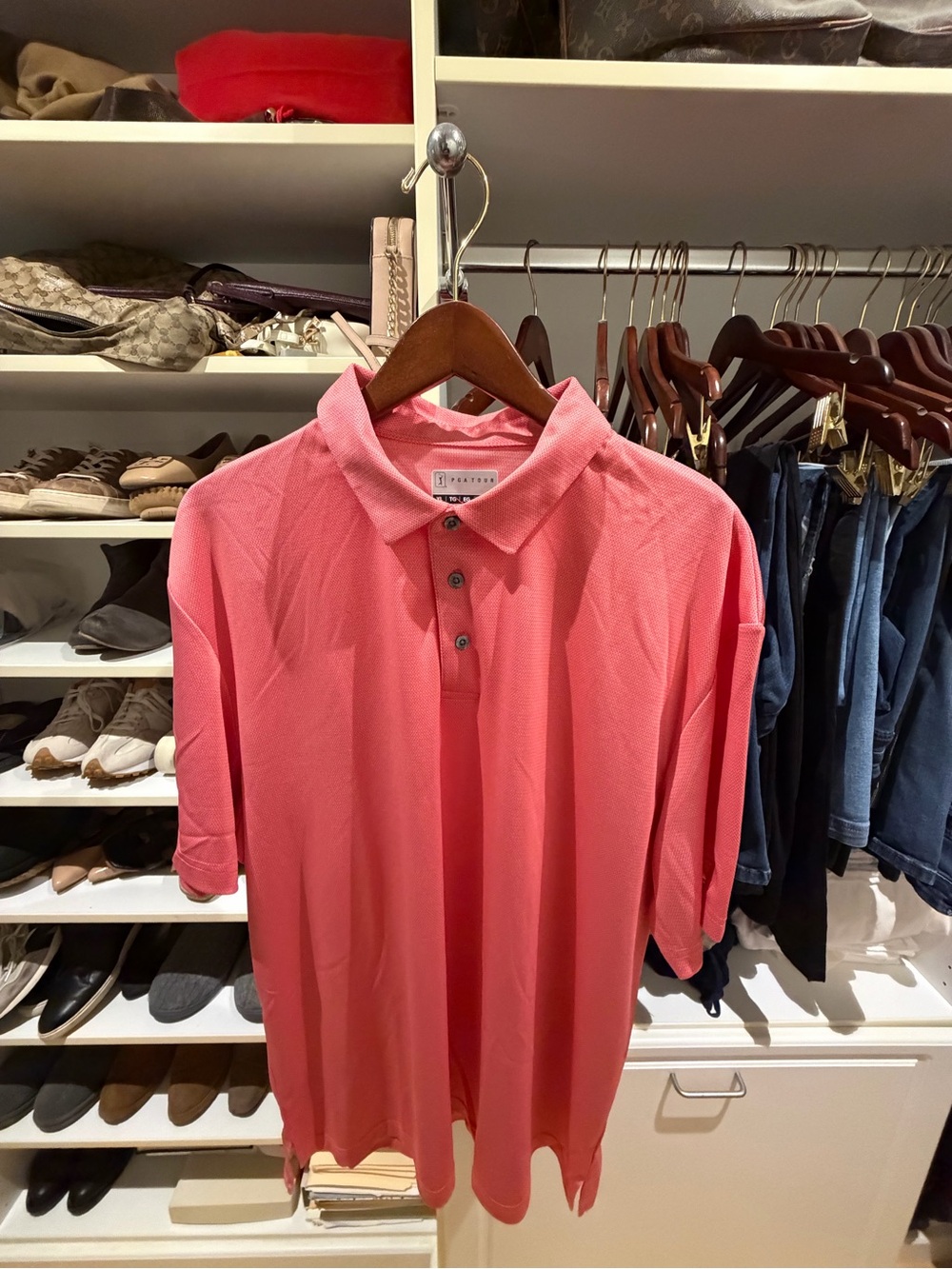 Men’s PGA Tour Coral Pink Short-Sleeve Golf Polo Shirt, Size: XL